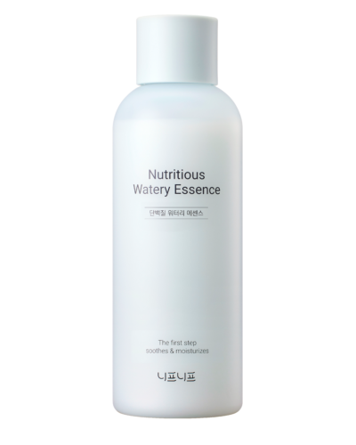 A bottle of "Nutritious Watery Essence" with text indicating it soothes and moisturizes as the first step.