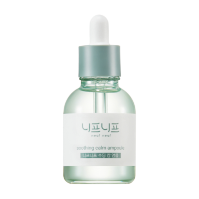 A glass dropper bottle labeled "neaf neaf soothing calm ampoule" with a light blue cap.