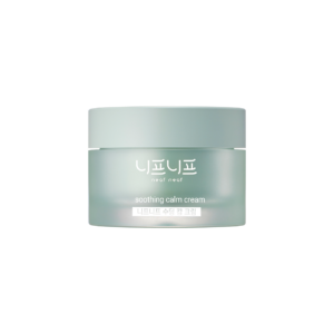 A light green jar labeled "soothing calm cream" with additional text in Korean.