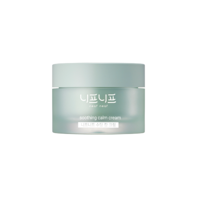 A light green jar labeled "soothing calm cream" with additional text in Korean.